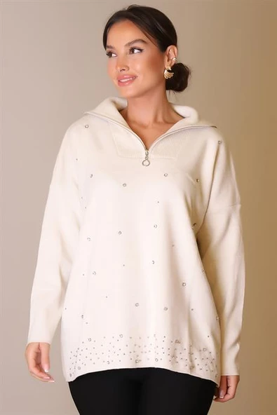 YAKASI FERMUARLI UZUN KOLLU TAŞ KADIN KAZAK 5219-2K5 ürün görseli