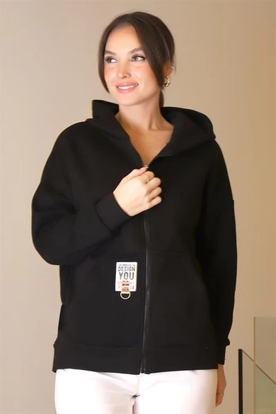 FERMUARLI KAPÜŞONLU SİYAH KADIN SWEATSHİRT 3064-2K5 - 3