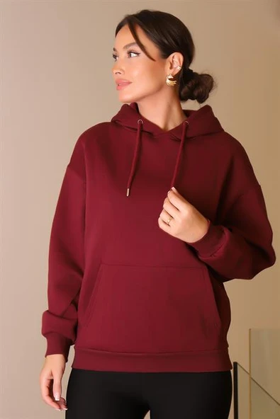 KANGURU CEPLİ KAPÜŞONLU BORDO KADIN SWEATSHİRT W0010224-2K5 - 2
