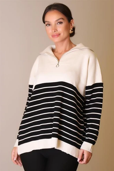 YAKASI FERMUARLI UZUN KOLLU TAŞ KADIN KAZAK 5221-2K5 - Resim 2