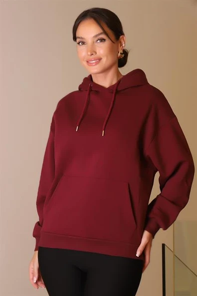 KANGURU CEPLİ KAPÜŞONLU BORDO KADIN SWEATSHİRT W0010224-2K5