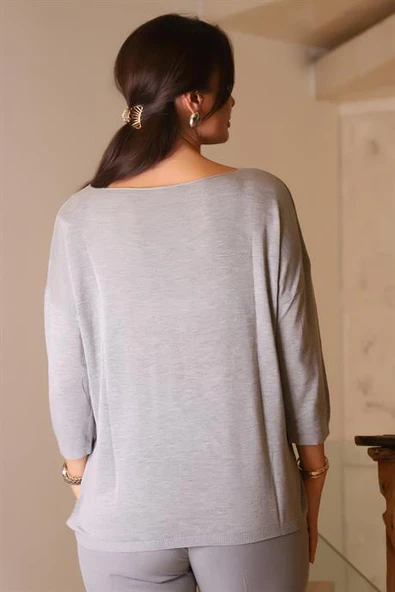 SIFIR YAKA BASIC GRİ KADIN TRİKO KAZAK 928-2K5 - Resim 5