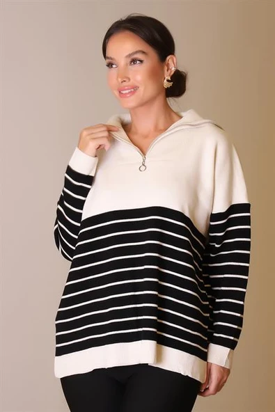 YAKASI FERMUARLI UZUN KOLLU TAŞ KADIN KAZAK 5221-2K5 ürün görseli