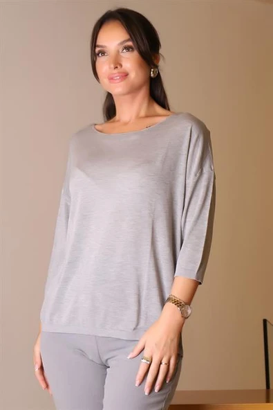 SIFIR YAKA BASIC GRİ KADIN TRİKO KAZAK 928-2K5 ürün görseli