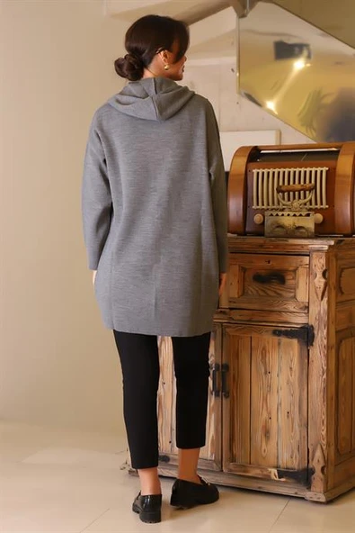 FERMUARLI KAPÜŞONLU GRİ KADIN HIRKA 6176-2K5 - 5
