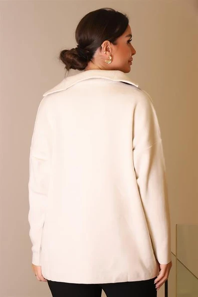 YAKASI FERMUARLI UZUN KOLLU TAŞ KADIN KAZAK 5219-2K5 - Resim 6