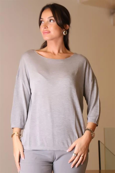 SIFIR YAKA BASIC GRİ KADIN TRİKO KAZAK 928-2K5 - Resim 2