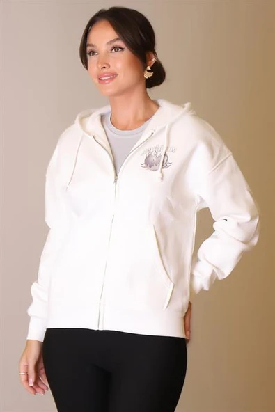 UZUN KOLLU KAPÜŞONLU EKRU KADIN SWEATSHİRT W0011238-2K5