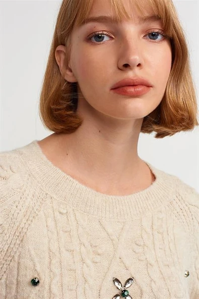 Bisiklet Yaka Önü Taş İşlemeli Bej Kadın Kazak 10462-2K5 - Resim 3