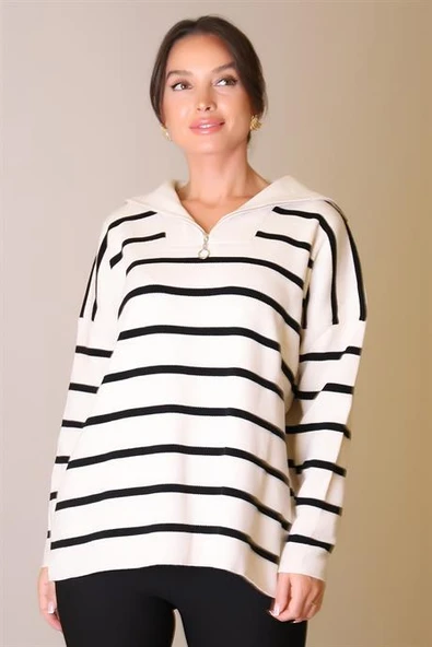 ÇİZGİLİ UZUN KOLLU TAŞ KADIN KAZAK  6081-2K5 - Resim 3