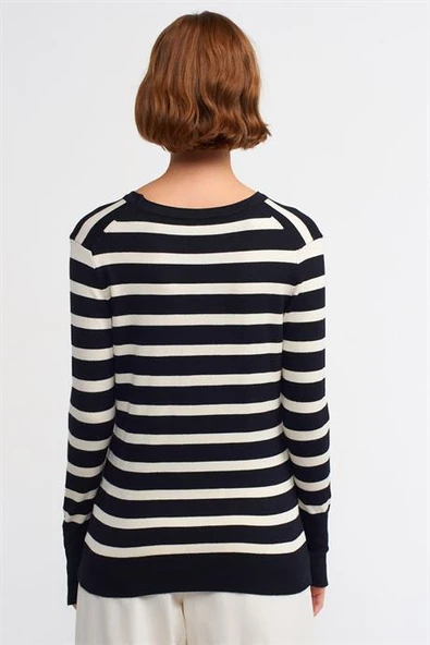 Bisiklet Yaka Çizgili Siyah Kadın Kazak 10433-2K5 - Resim 4