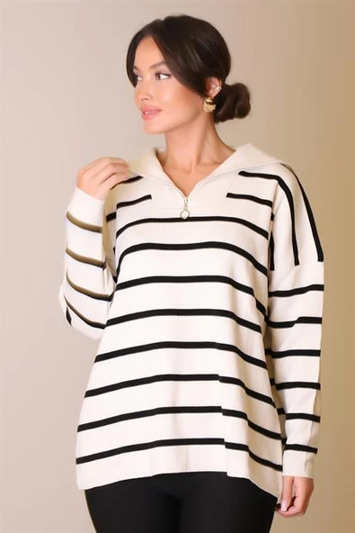 ÇİZGİLİ UZUN KOLLU TAŞ KADIN KAZAK  6081-2K5 - Resim 4