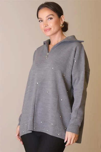 YAKASI FERMUARLI UZUN KOLLU GRİ KADIN KAZAK 5219-2K5 ürün görseli