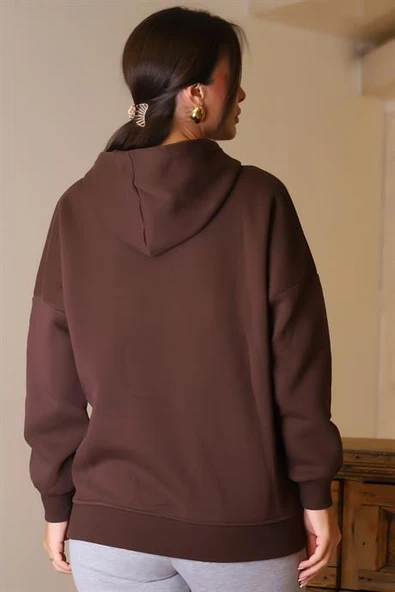 CEPLİ KAPÜŞONLU KAHVE KADIN SWEATSHİRT 3040-2K5 - 5