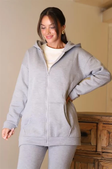 UZUN KOLLU KAPÜŞONLU GRİ KADIN SWEATSHİRT 3055-2K5 - 3