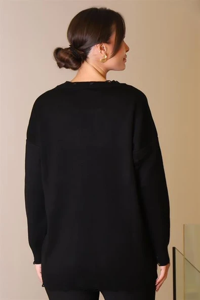 BİSİKLET YAKA UZUN KOLLU SİYAH KADIN KAZAK  6167-2K5 - Resim 5