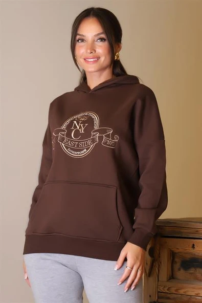 CEPLİ KAPÜŞONLU KAHVE KADIN SWEATSHİRT 3040-2K5 - 4