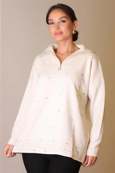 YAKASI FERMUARLI UZUN KOLLU TAŞ KADIN KAZAK 5219-2K5 - Resim 4