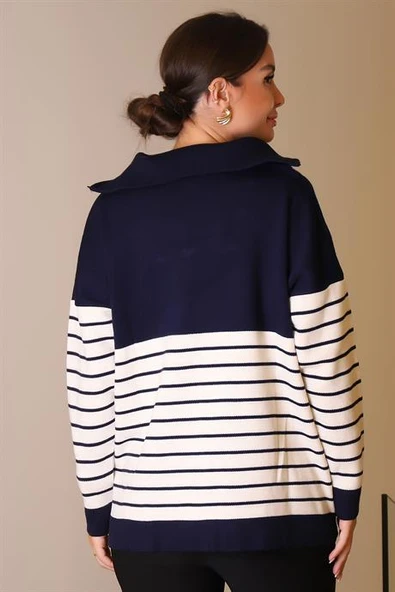 YAKASI FERMUARLI UZUN KOLLU LACİ KADIN KAZAK 5221-2K5 - 5