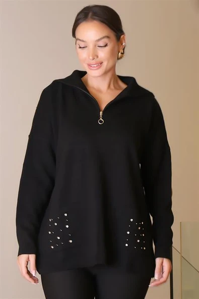 CEPLERİ TAŞ İŞLEMELİ SİYAH KADIN KAZAK 5220-2K5 - Resim 3