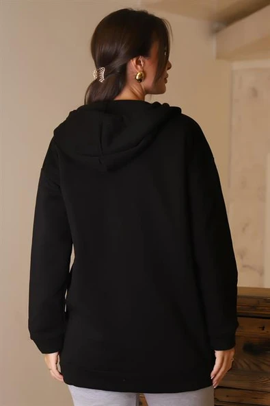 UZUN KOLLU KAPÜŞONLU SİYAH KADIN SWEATSHİRT 3055-2K5 - 5