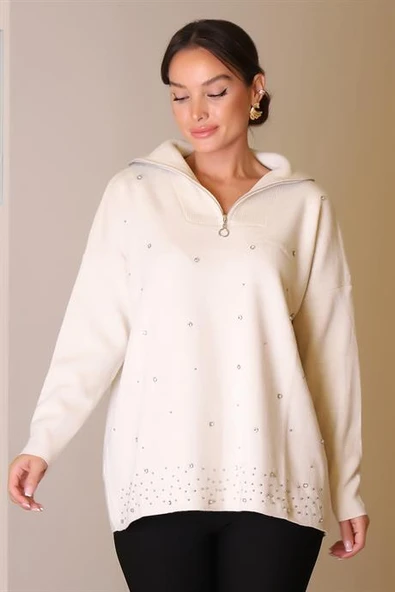 YAKASI FERMUARLI UZUN KOLLU TAŞ KADIN KAZAK 5219-2K5 - Resim 5