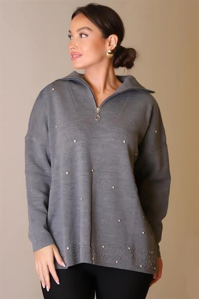 YAKASI FERMUARLI UZUN KOLLU GRİ KADIN KAZAK 5219-2K5 - Resim 4