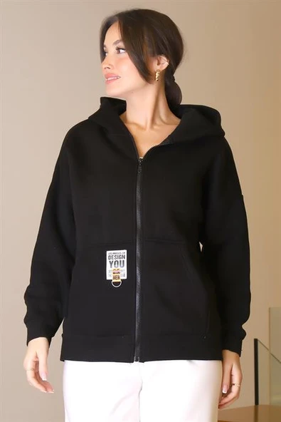 FERMUARLI KAPÜŞONLU SİYAH KADIN SWEATSHİRT 3064-2K5 - 2