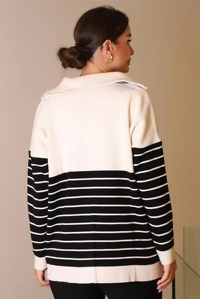 YAKASI FERMUARLI UZUN KOLLU TAŞ KADIN KAZAK 5221-2K5 - Resim 6