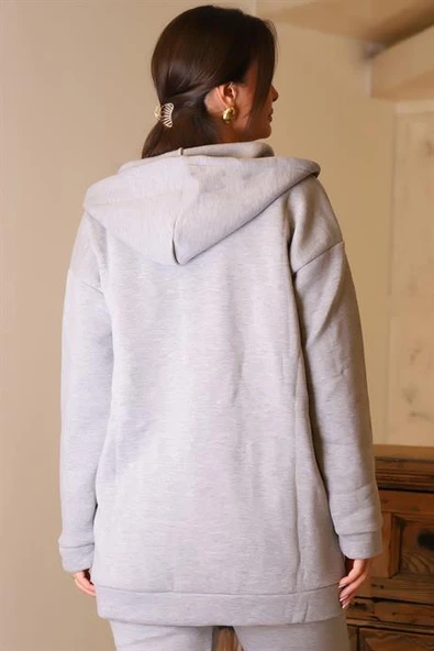 UZUN KOLLU KAPÜŞONLU GRİ KADIN SWEATSHİRT 3055-2K5 - 5
