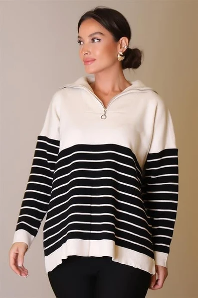 YAKASI FERMUARLI UZUN KOLLU TAŞ KADIN KAZAK 5221-2K5 - Resim 5