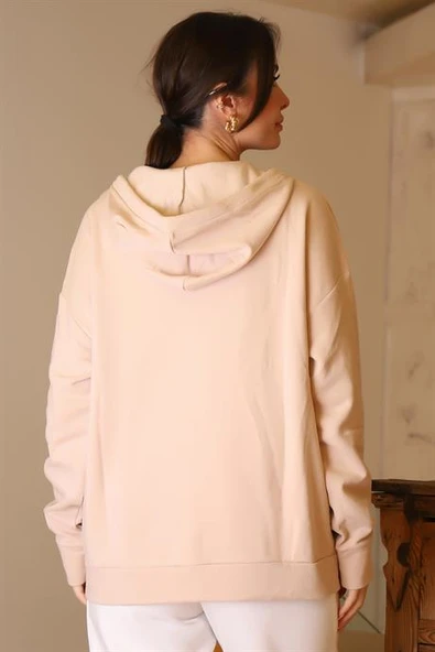 KAPÜŞONLU YAKASI FERMUARLI PUDRA KADIN SWEATSHİRT 2052-2K5 - 4