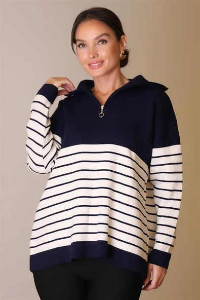 YAKASI FERMUARLI UZUN KOLLU LACİ KADIN KAZAK 5221-2K5