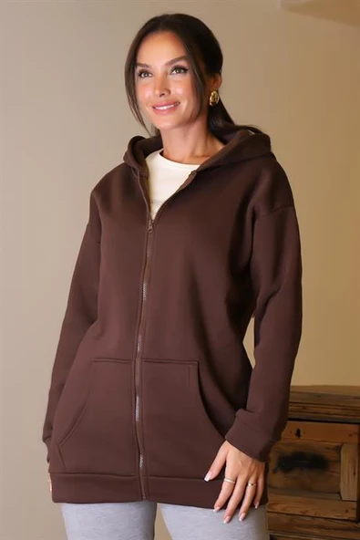 UZUN KOLLU KAPÜŞONLU KAHVE KADIN SWEATSHİRT 3055-2K5 - 4