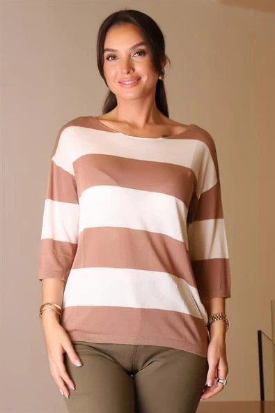 SIFIR YAKA YARIM KOLLU KAHVE KADIN TRİKO 184-2K5