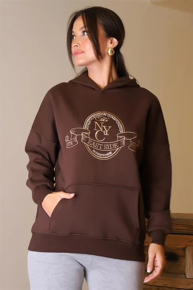 CEPLİ KAPÜŞONLU KAHVE KADIN SWEATSHİRT 3040-2K5 - 3