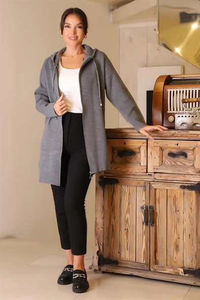 FERMUARLI KAPÜŞONLU GRİ KADIN HIRKA 6176-2K5