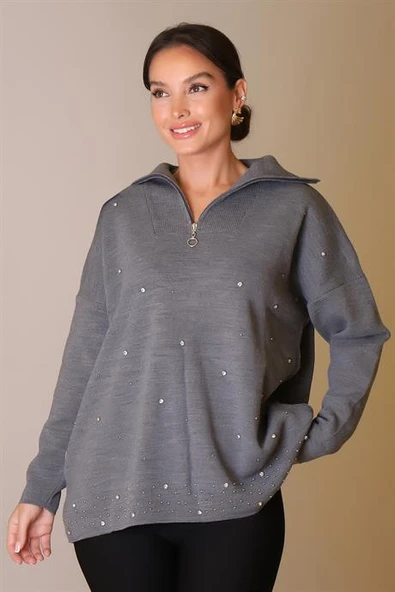 YAKASI FERMUARLI UZUN KOLLU GRİ KADIN KAZAK 5219-2K5 - Resim 5