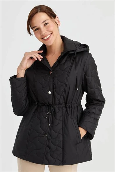 KAPÜŞONLU BELİ BAĞCIKLI SİYAH KADIN MONT  23401-2K5 - 4