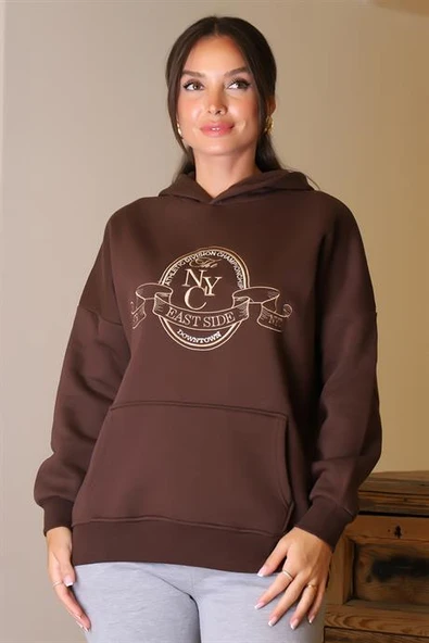 CEPLİ KAPÜŞONLU KAHVE KADIN SWEATSHİRT 3040-2K5