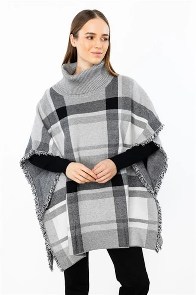 Balıkçı Yaka Ekose Desenli Gri Panço 43360-2K5