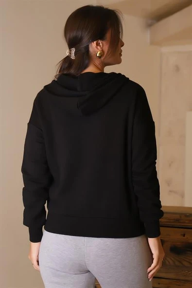 FERMUARLI KAPÜŞONLU SİYAH KADIN SWEATSHİRT 0852-2K5 - 5