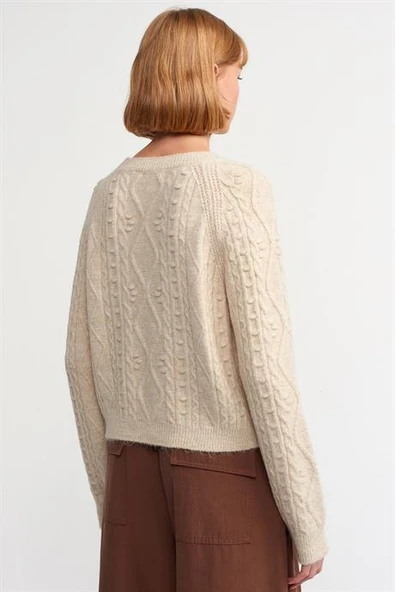 Bisiklet Yaka Önü Taş İşlemeli Bej Kadın Kazak 10462-2K5 - Resim 4