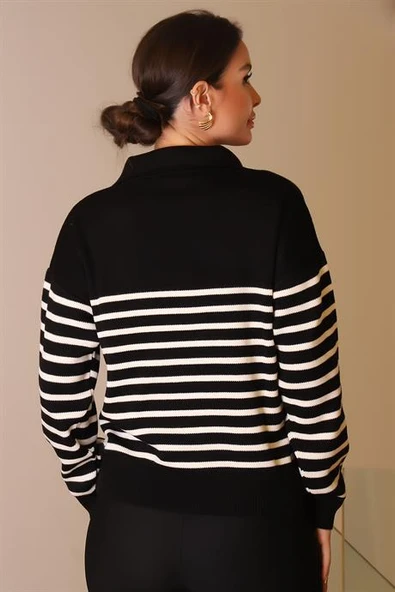 V YAKA ÇİZGİLİ UZUN KOLLU SİYAH KADIN KAZAK  6186-2K5 - Resim 5