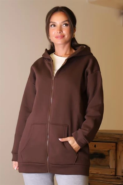 UZUN KOLLU KAPÜŞONLU KAHVE KADIN SWEATSHİRT 3055-2K5