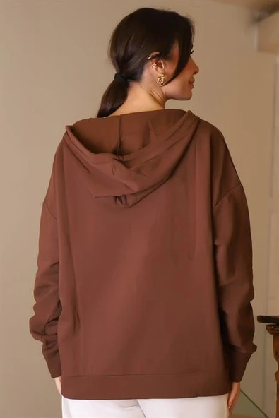 KAPÜŞONLU YAKASI FERMUARLI KAHVE KADIN SWEATSHİRT 2052-2K5 - 4