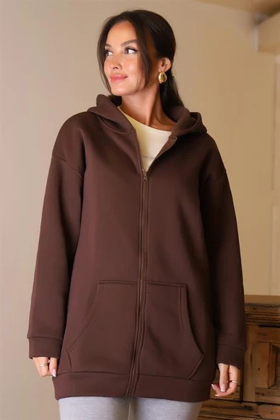 UZUN KOLLU KAPÜŞONLU KAHVE KADIN SWEATSHİRT 3055-2K5 - 3