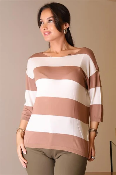 SIFIR YAKA YARIM KOLLU KAHVE KADIN TRİKO 184-2K5 - 3