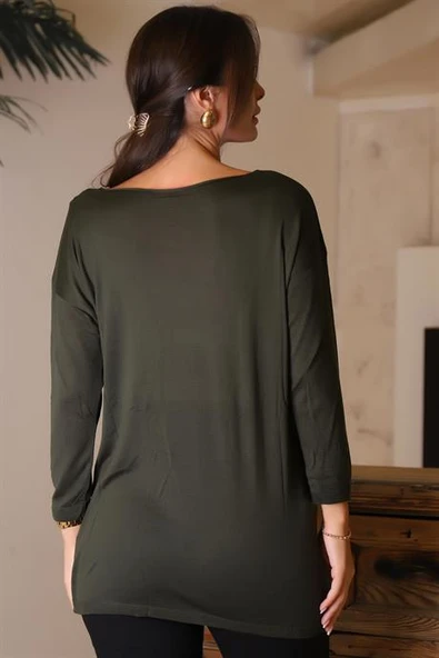 GENİŞ YAKA UZUN KOLLU HAKİ KADIN KAZAK 100160-2K5 - Resim 5