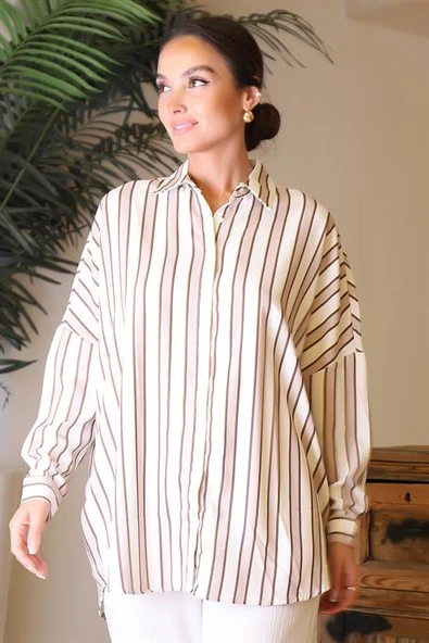 ARKASI UZUN ÇİZGİLİ KADIN GÖMLEK  33797-2Y4 - Resim 2